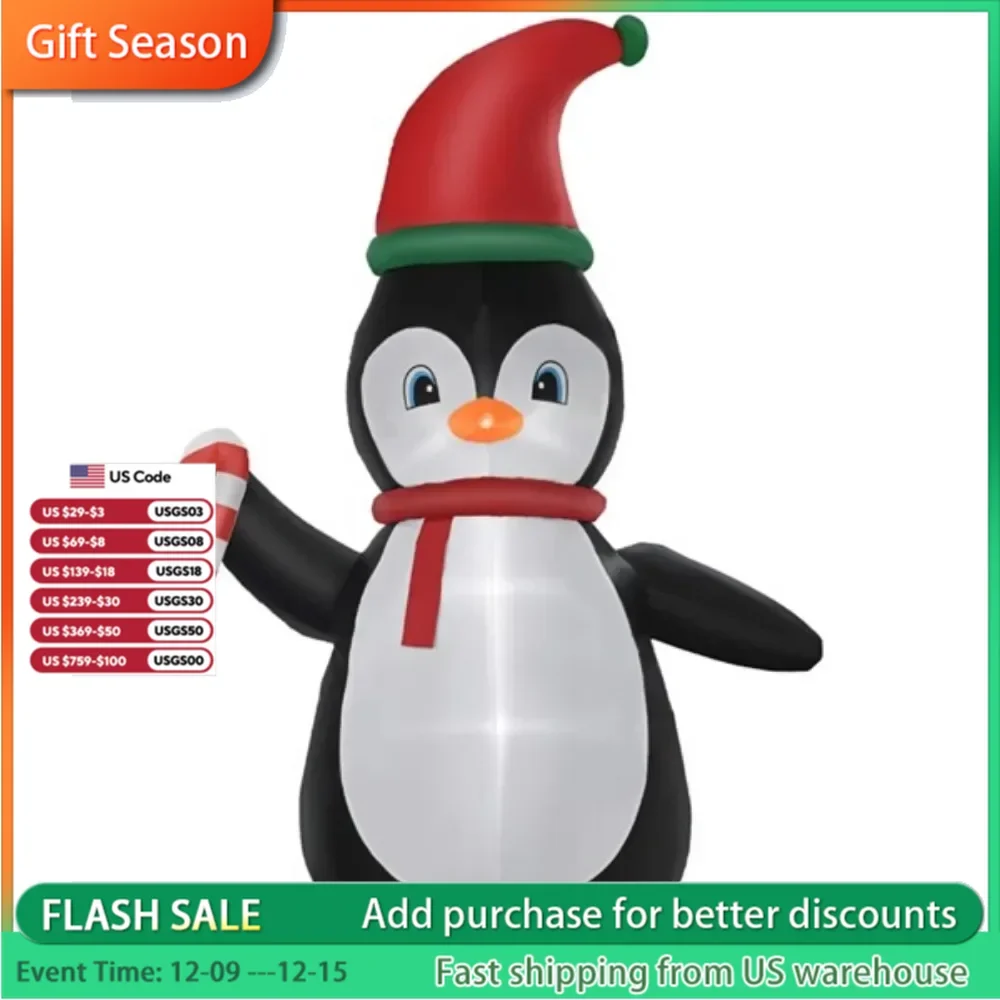 

Penguin inflatables wearing Santa hats bring together a cohesive Christmas display - LED lights create a cheerful effect