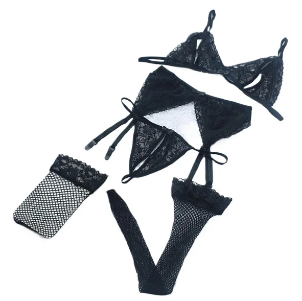 

Lace Women Lingerie Set 4 Pcs Sling Open Bra Sexy Wiht Garter Panties Push Up Bra Set Transparent Underwear Net Stockings