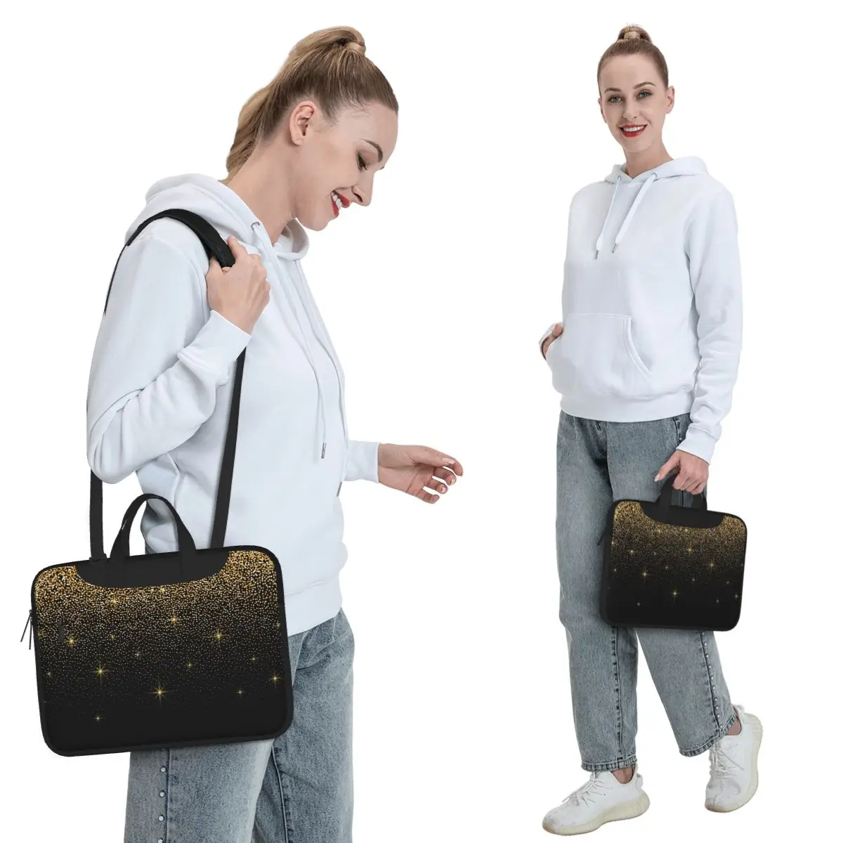 Black And Gold Glitter Crossbody Laptop Bag Case Computer Bag 13 14 15.6 Inch Notebook Pouch for Macbook Pro Lenovo
