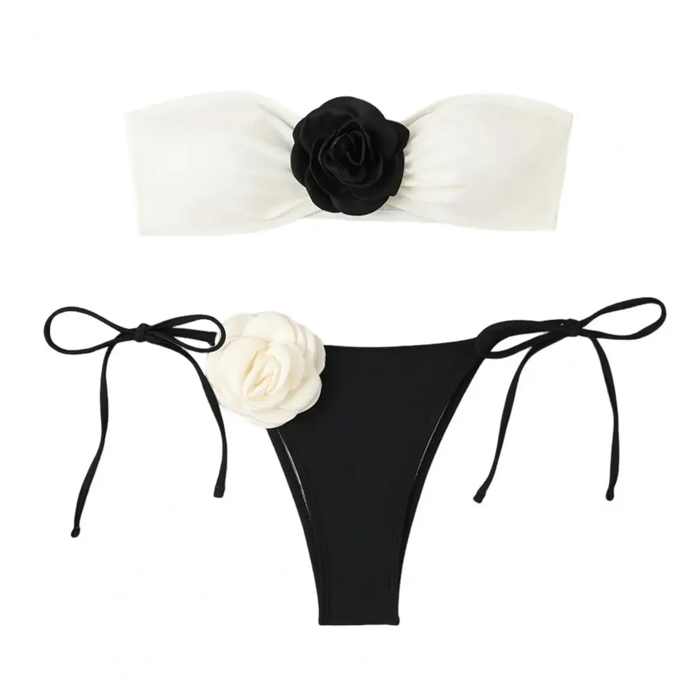 Removable Push-up Padded Cups Bikini Sexy Bikini Top Off Shoulder Lace-up Bikini Set with Fake Flower Decor Color for Women