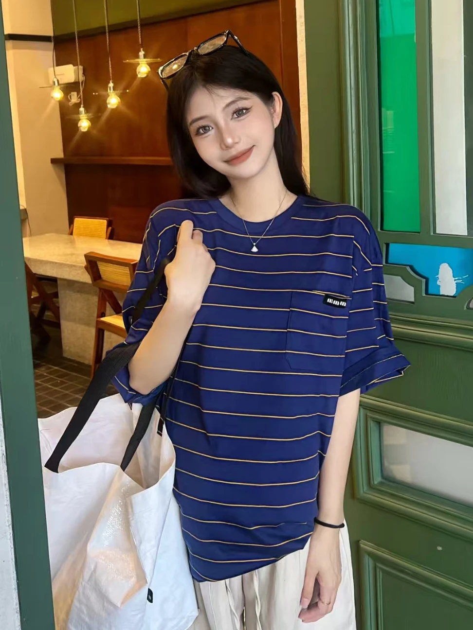 

Pure Cotton ort Sve T-irt Women's Striped Miu Sle Faion Top Cotton 00% round Ne Casual Summer irt