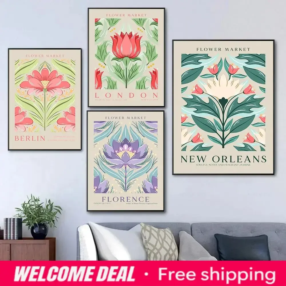 Modern Nordic Abstract Plant Art Flower Market Retro Posters Prints Canvas Painting Wall Art Picture Living Room Home Decor