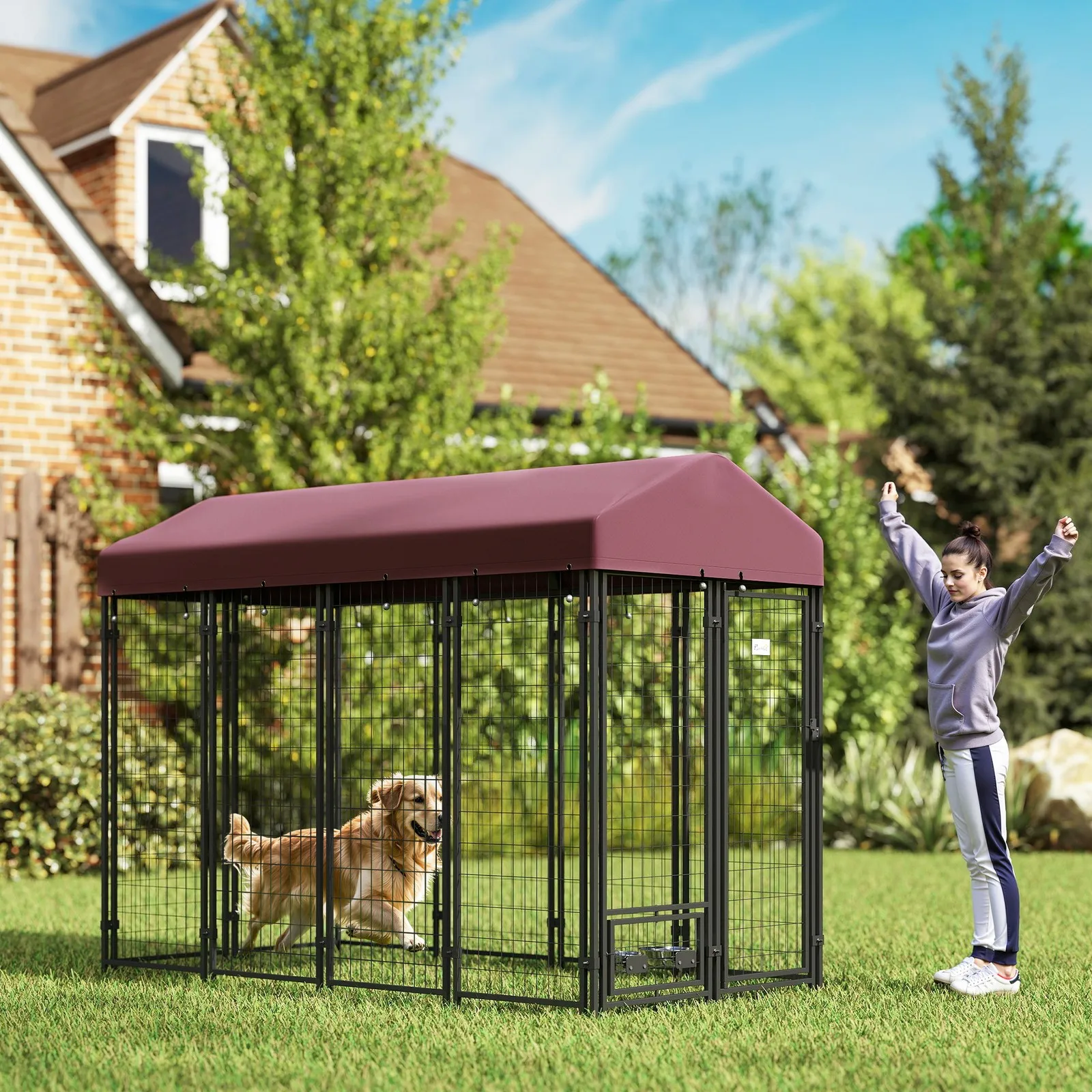 

Outdoor Dog Kennel, Dog Playpen with Rotating Bowl Holders Cover Red