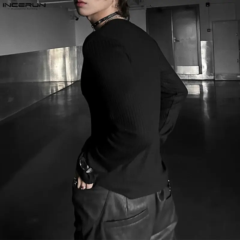 INCERUN الرجال تي شيرت بلون الخامس الرقبة طويلة الأكمام عادية الذكور المحملة القمم الشارع الشهير محبوك موضة الترفيه الرجال الملابس S-3XL