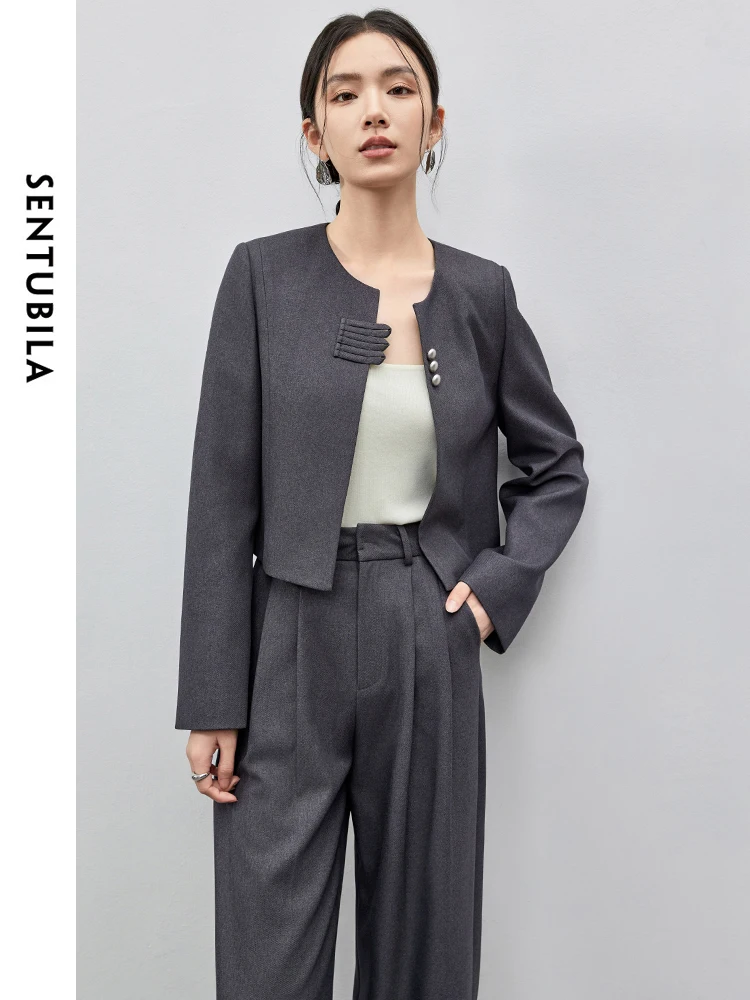 SENTUBILA Women 2 Piece Set   2024 Autumn Rounf Neck Short Coat Straight Folds Wide Leg Pants Office New Match Sets 143Z55935