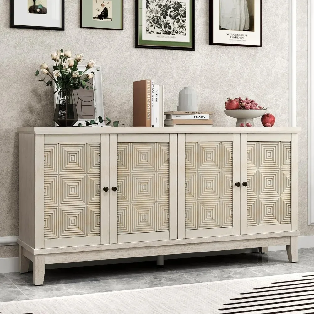 

Buffet Cabinet with Storage, Distressed Storage Cabinet with 4 Carved Doors and Adjustable Shelf, Wooden Accent Sideboard Buffet
