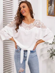 Spring Vintage Embroidery Lace Women Blouses Fashion Sexy Solid Shirts New Office Lady Elegant Tops