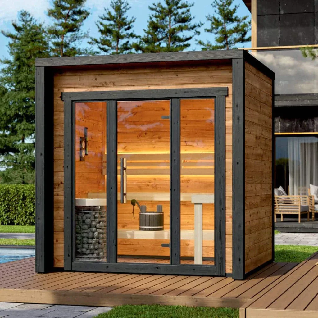 Custom Compact Outdoor Wooden Smart Sauna with Full-length Glass Doors and Stone Heater