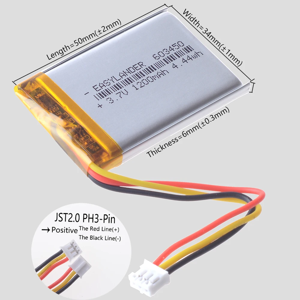 JST 2,0 мм, 3 контакта, 603450, 3,7 В, 1200 мАч, литий-полимерный литий-ионный аккумулятор Lipo 303450 403450 503450 703450 803450 903450 103450