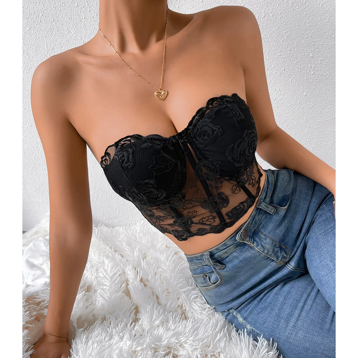 Summer Women\'s Floral Lace Bustier Tank Top Sexy Slim Sleeveless Lingerie Corset Cropped Tops Y2k Streetwear Bodyshaper Camisole