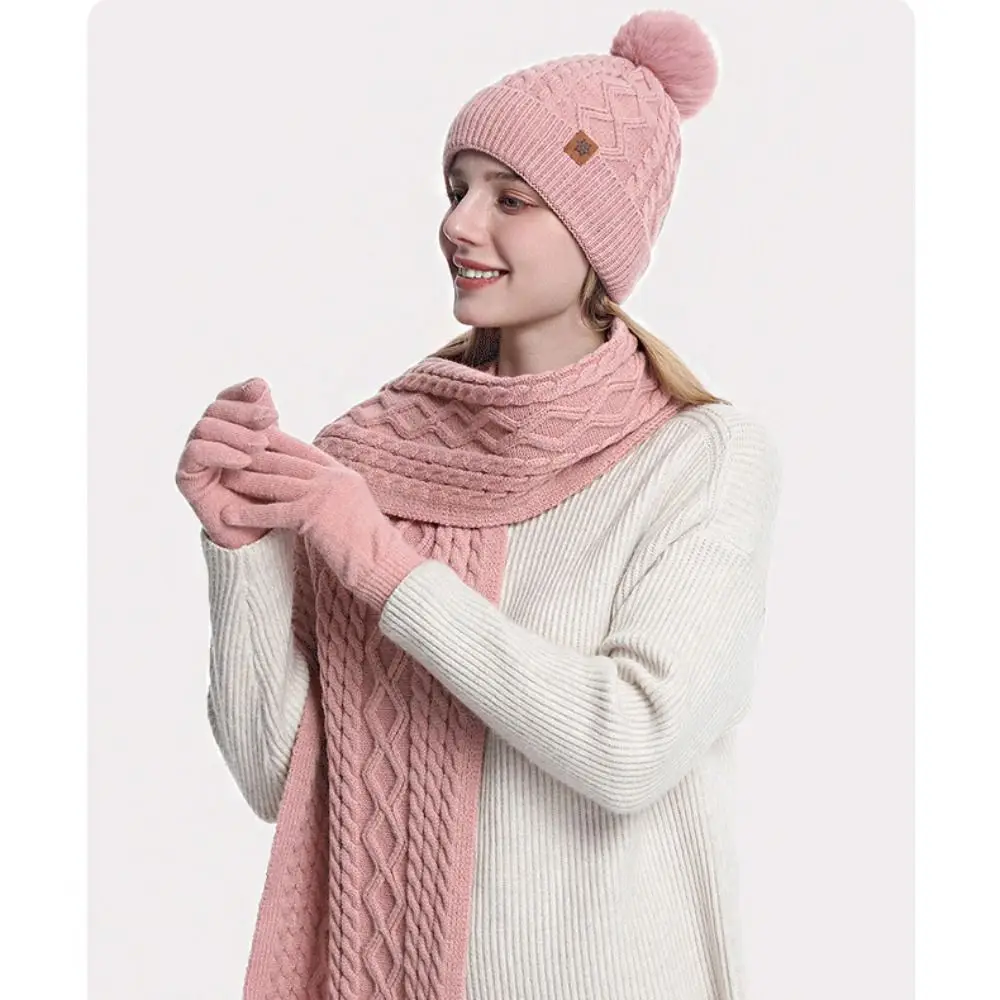 Set 3-Potong Penghangat Leher: Topi, Syal, Sarung Tangan, Set Topi Beanie Musim Dingin Warna Solid Termal, Topi Rajut Sederhana Pelindung Telinga untuk Hiking