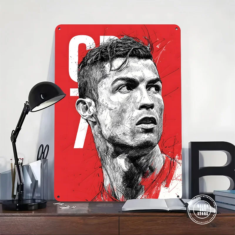 Cristiano Ronaldo Sketch Portrait Personalized 3D Textured Metal Poster Wall Art Tinplate Sign for Article Decoration Gaming