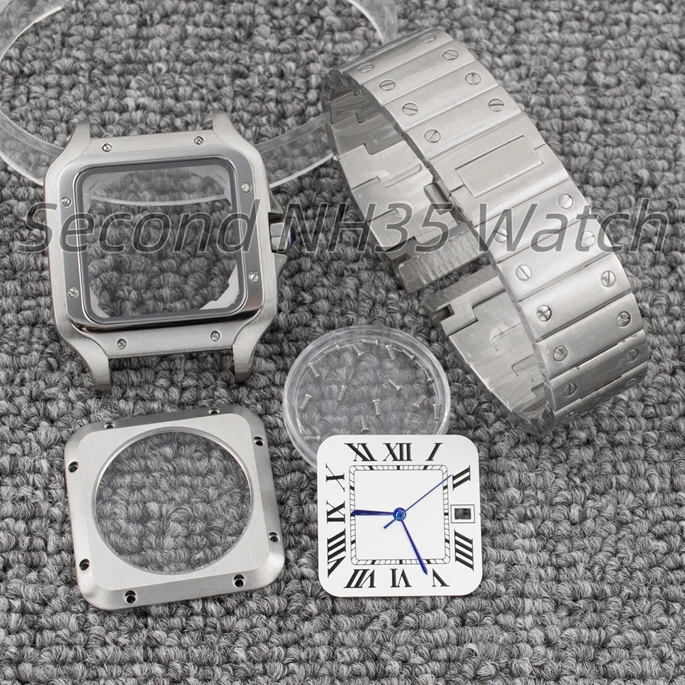 High Quality Square NH35 Case Dial Hands Sapphire Glass Stainless Steel Band For Santos NH35 NH36 Movement 38mm Men's Watch Case