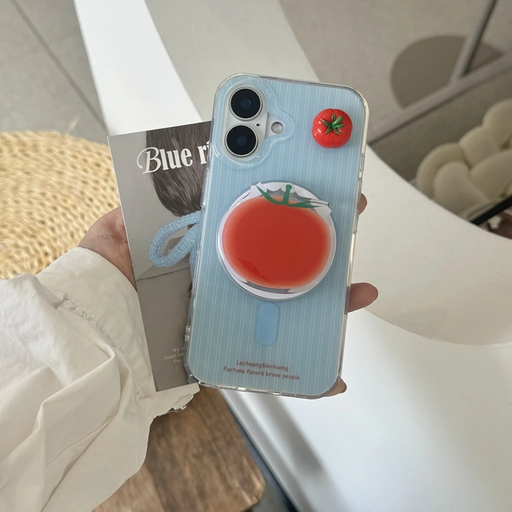 

Стереоскопический чехол с красной томатной синей полосой и держателем, магнитный чехол для телефона с беспроводной зарядкой для iPhone 16, 15, 14, 13 Pro Max