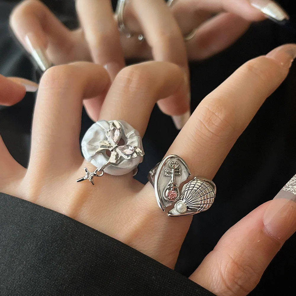 Vlinder DiamondEmbedded Heart Ginkgo Leaf Ring voor dames Uniek ontwerp Minimalistische open ring Metalen textuur Duimring