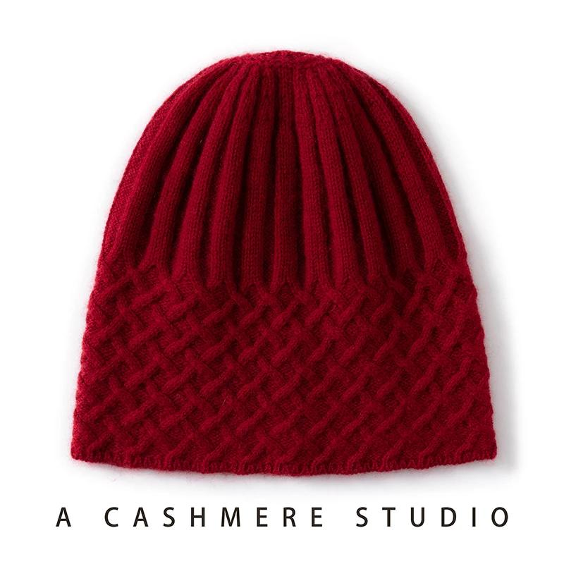 KOIJINSKY 35% Cashmere Blend Beanie Hat Women Diamond Cable Knit No‑Cuff Warm Winter Skullcap Soft Luxury Knitted Hat For Ladies