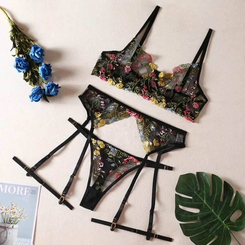 Bikini Sexy See-through Floral Lingerie Four-piece Set with Leg Ring