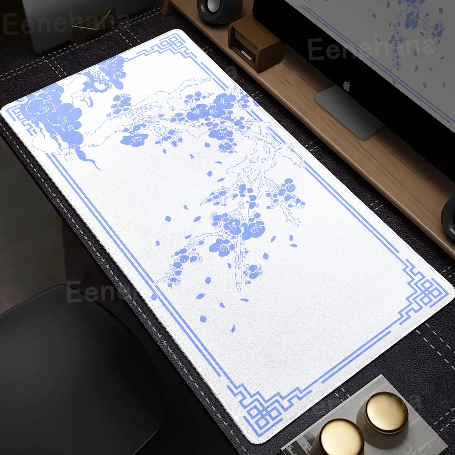 White Mouse Pad Japanese Style Cherry Blossom Larger Flower Xxl Gaming Laptop Computer Blue Desk Mats Accessories Office Carpets