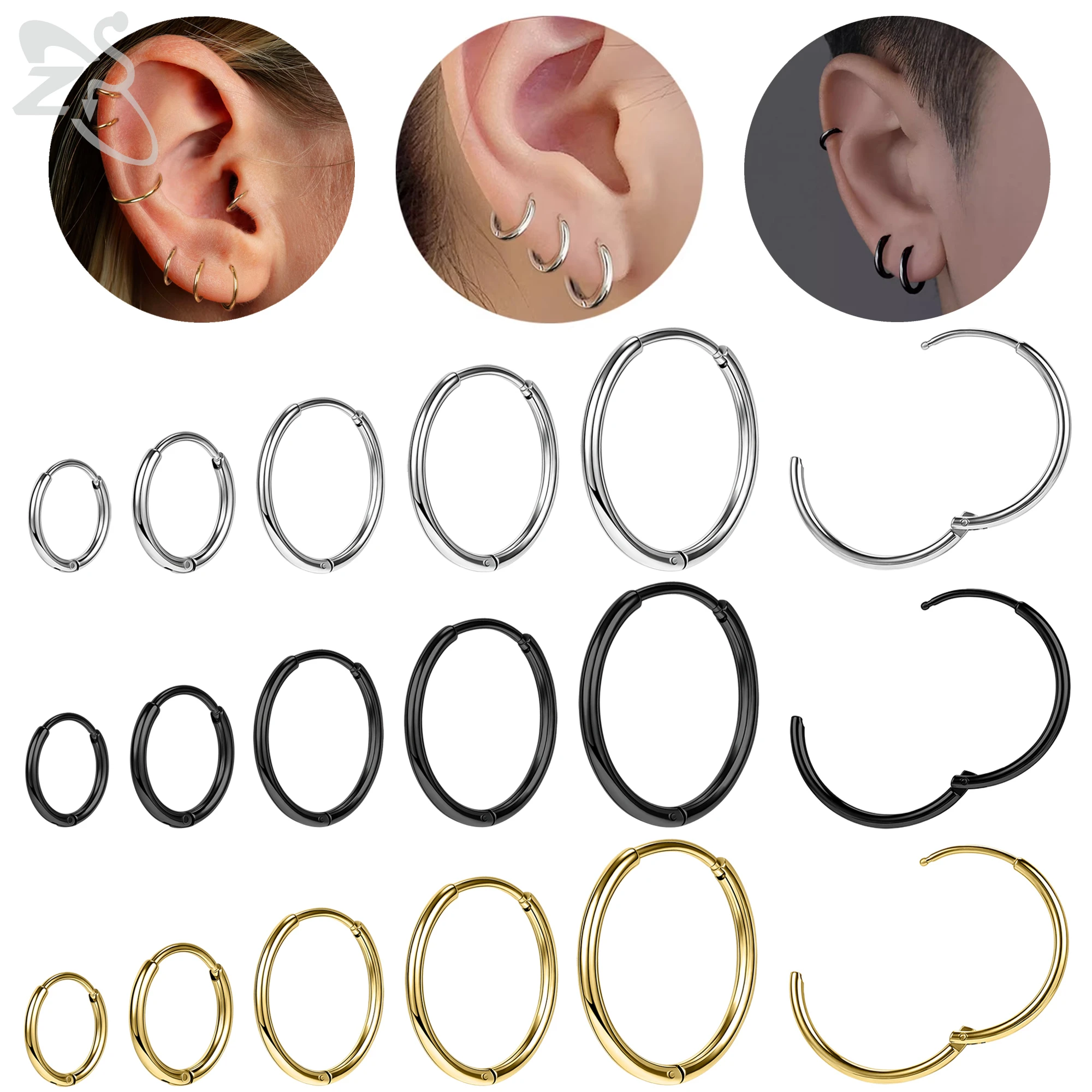 ZS 1 Piece 6-20MM Stainless Steel Hoop Earrings 14/18/16G Huggie Earring 3 Colors Round Helix Conch Cartilage Piercings Jewelry