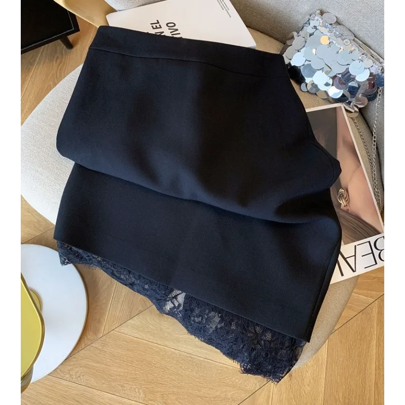 ربيع كل مباراة مكتب جديد ذوي الياقات البيضاء شق الظهر بلون تنورة الفرنسية الخفيفة الفاخرة الدانتيل المرقعة تنورة للنساء #3