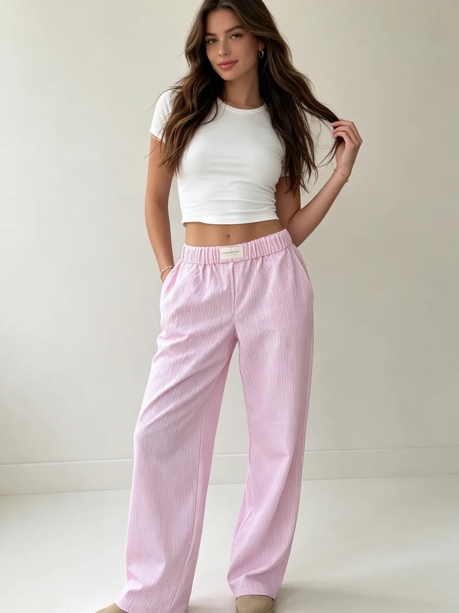Women's Striped Stretch Waist Loose Straight-Leg Pants Y2K Street Casual Trousers (Pink/Blue)