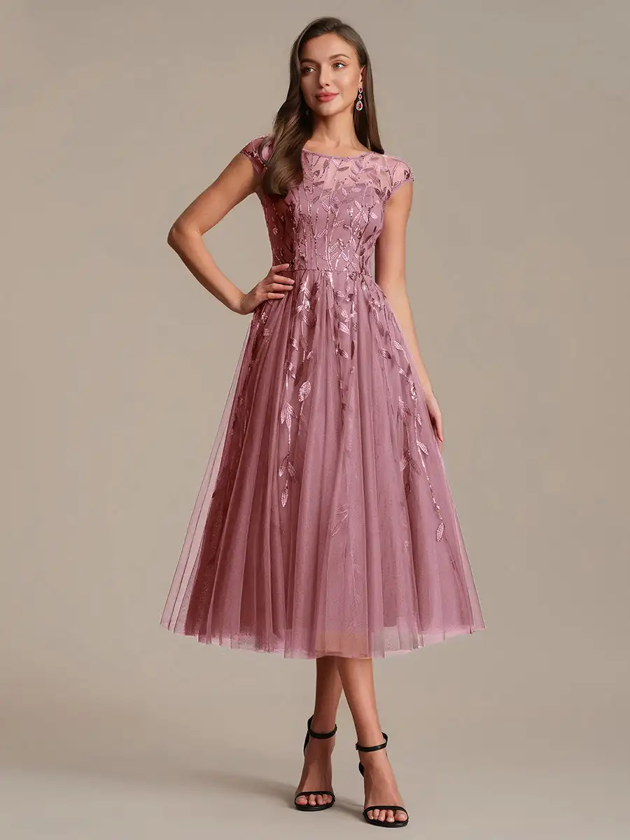 cap-sleeve-see-through-patchwork-a-line-tea-length-wedding-guest-dresses