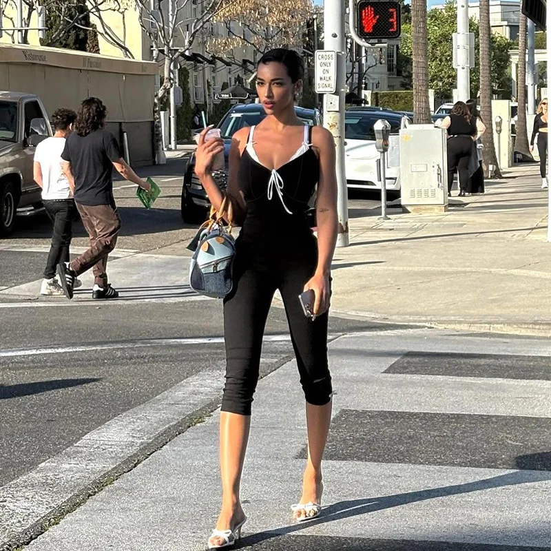 black one piece jumpsuit women sports yoga sleeveless bow contrast color open back fitness workout clothes rompers bodysuit
