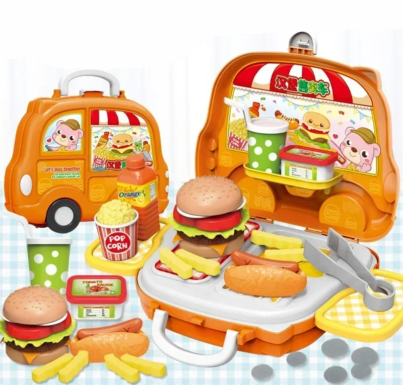 [Divertido] juguete para jugar a las casitas, 32 unids/set, tienda de Hamburgo, coche de juguete, puede agitar comida, cocina, chef de imitación, juguete de cocina, regalo para niños