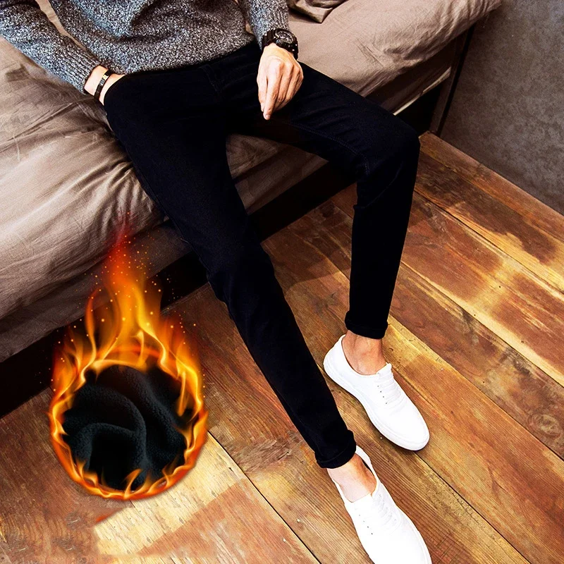 New arrival 2024 autumn winter Casual thicken thermal Fleece men's add wool Denim teenagers pencil pants hot men's jeans