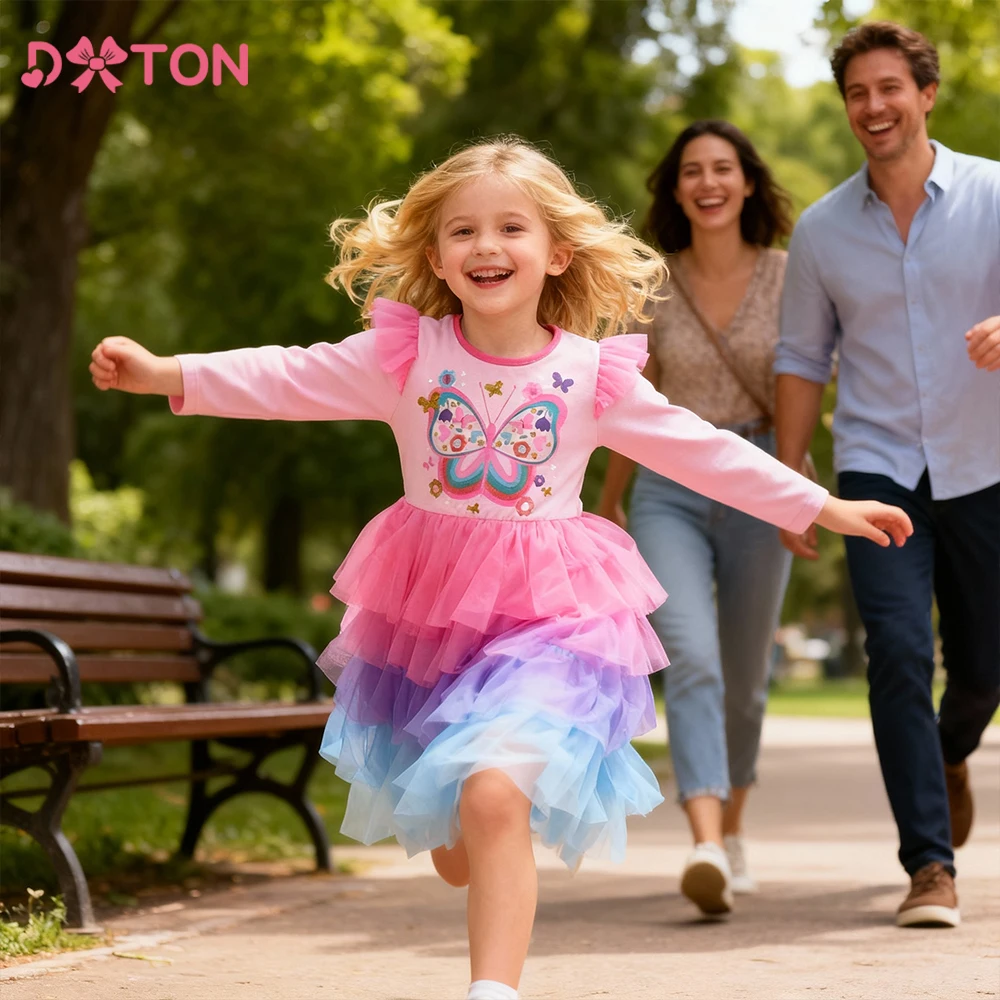 

DXTON Long Sleeve Autumn Girls Dresses Butterfly Printed Children Birthday Party Costume Layer Mesh Patchwork Kids Casual Dress