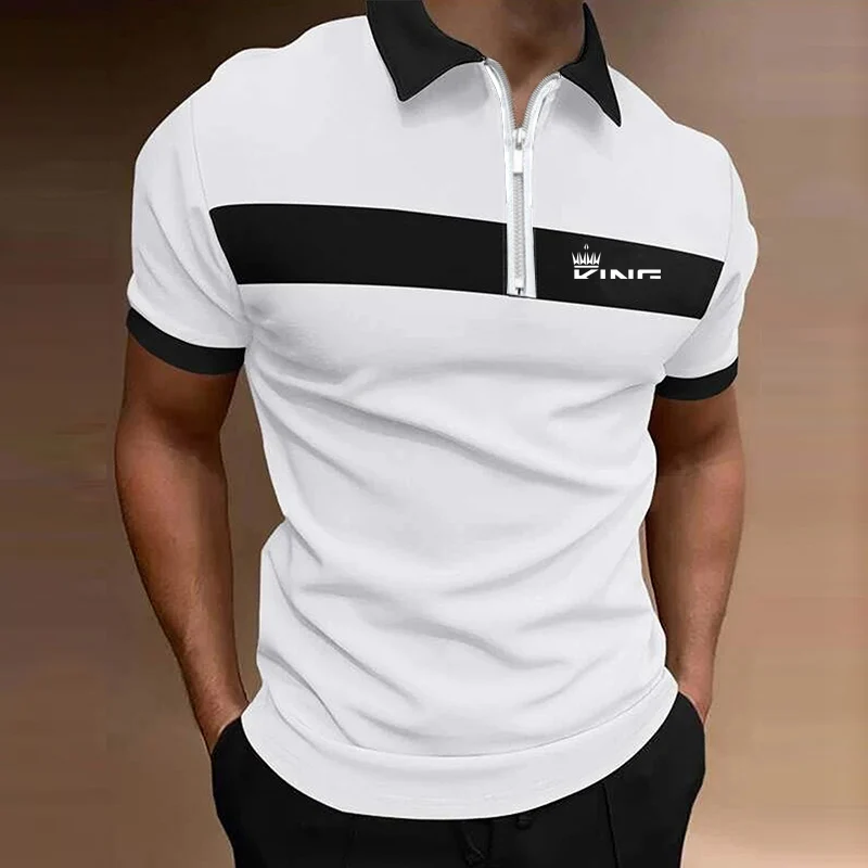 Novel and Mature Men's Top T-shirt Summer Zipper Style Men's Polo Shirt Striped Contrasting Color