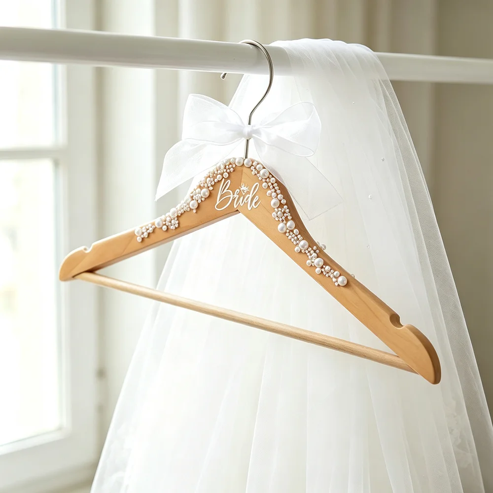 Set aus 2 Braut-und-Bräutigam-Kleiderbügeln aus Perlenholz, Geschenk zur Brautparty, Hochzeitsprodukte, Junggesellenabschied-Dekoration, Flitterwochen-Reisezubehör – Detail 1