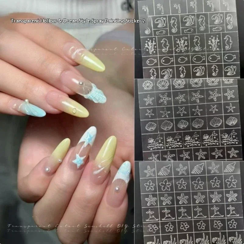 1 Sheet Ocean Hollow Line Nail Stickers Sea Horse Starfish Shell Transparent Nail Decals DIY Manicure Decor For Daily Salon Use