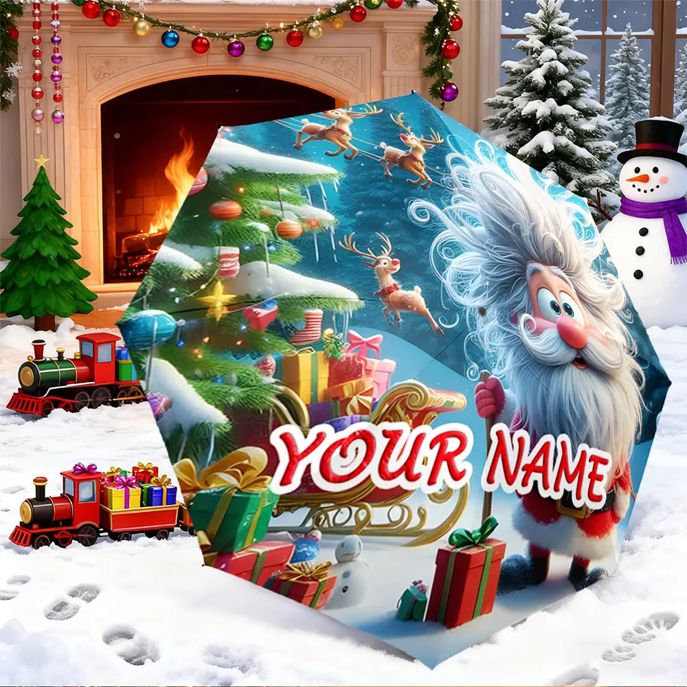 Custom Name Umbrella,Personalized Santa Claus Umbrella with Reindeer & Christmas Tree ,Portable Folding Umbrella, Christmas Gift