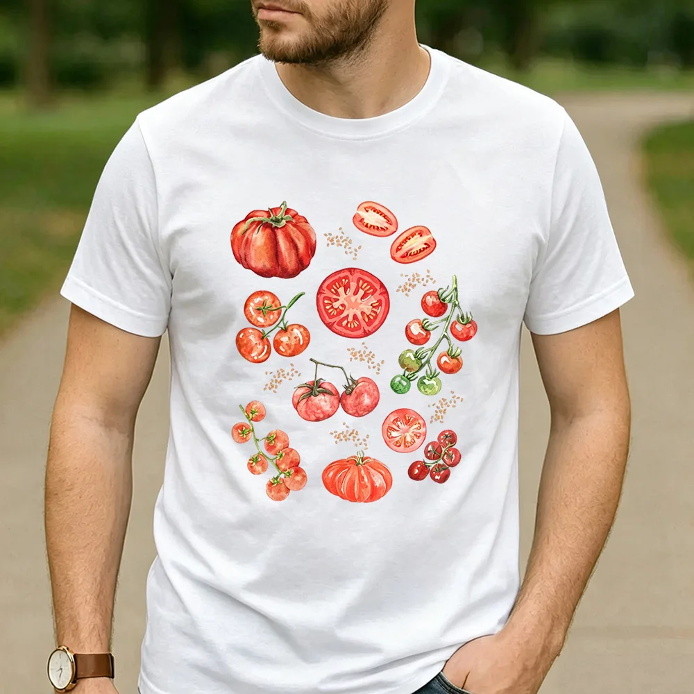 Summer Farm Vegetable Graphic T Shirt Watercolor Sliced Cherry Heirloom Tomato Vine Print Unisex Cotton Garden Lover Casual Tee