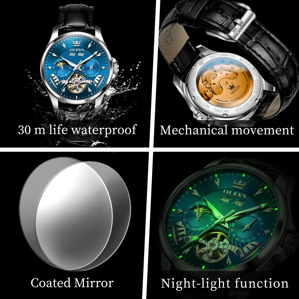 

Мужские автоматические часы OLEVS 7103: эксклюзивные, с полым циферблатом, многофункциональные, механические, светящиеся, водонепроницаемые, с отображением фаз Луны на 24 часа