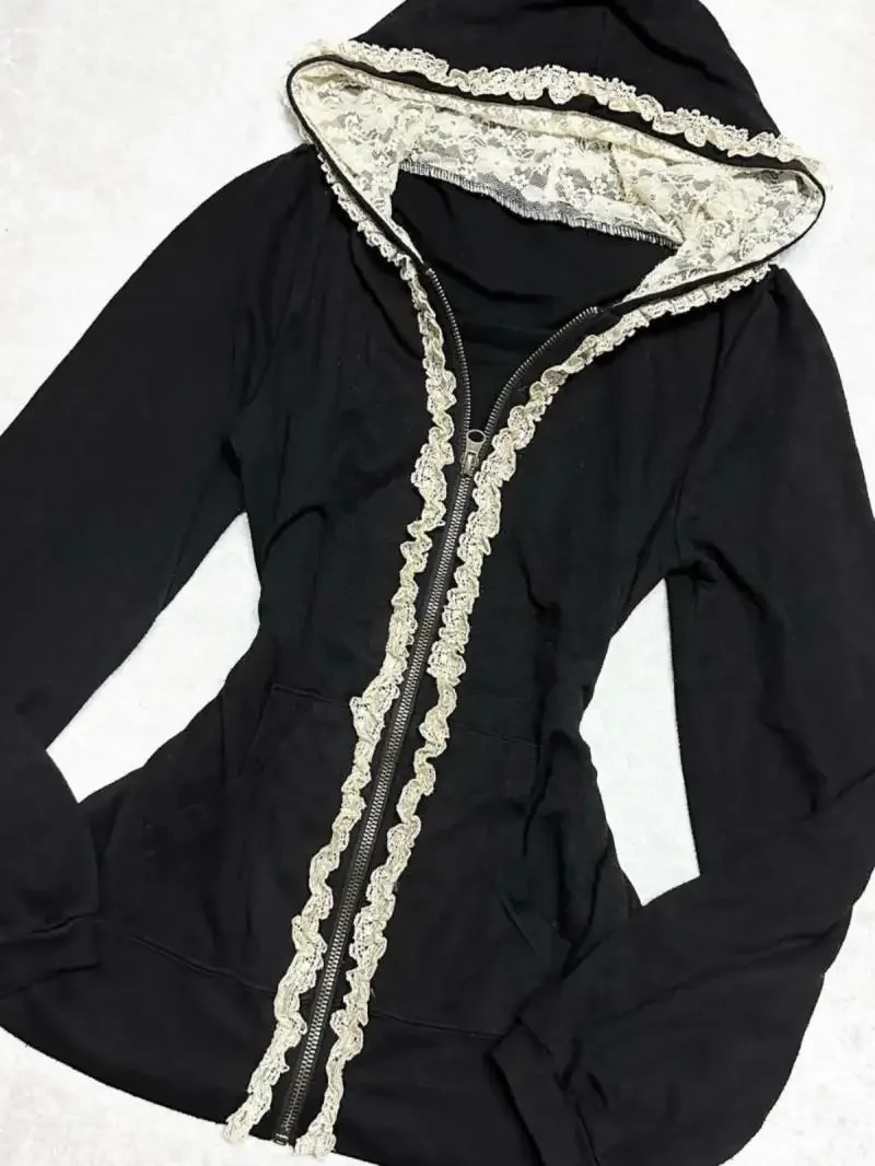 Y2K Korean style simple design retro black lace raw edge zipper hoodie women's trendy temperament casual hot girl slim jacket