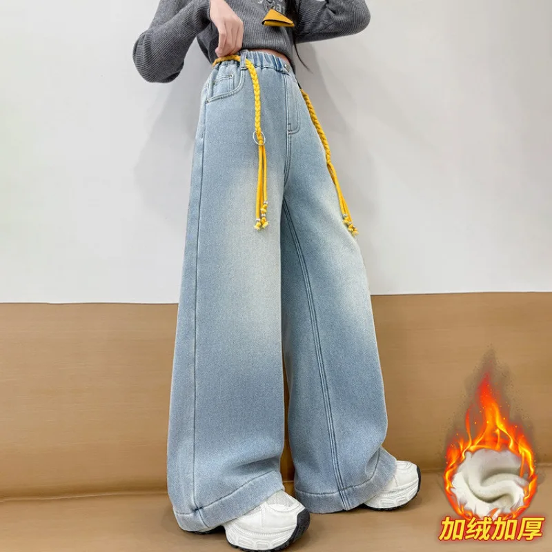 سراويل جينز مطرزة بفيونكة للفتيات للأطفال سراويل دينم كلاسيكية باللون الأزرق الفاتح واسعة الساق ، خريف/شتاء 2022 ، سراويل أطفال شبابية من 4 إلى 14 سنة #3