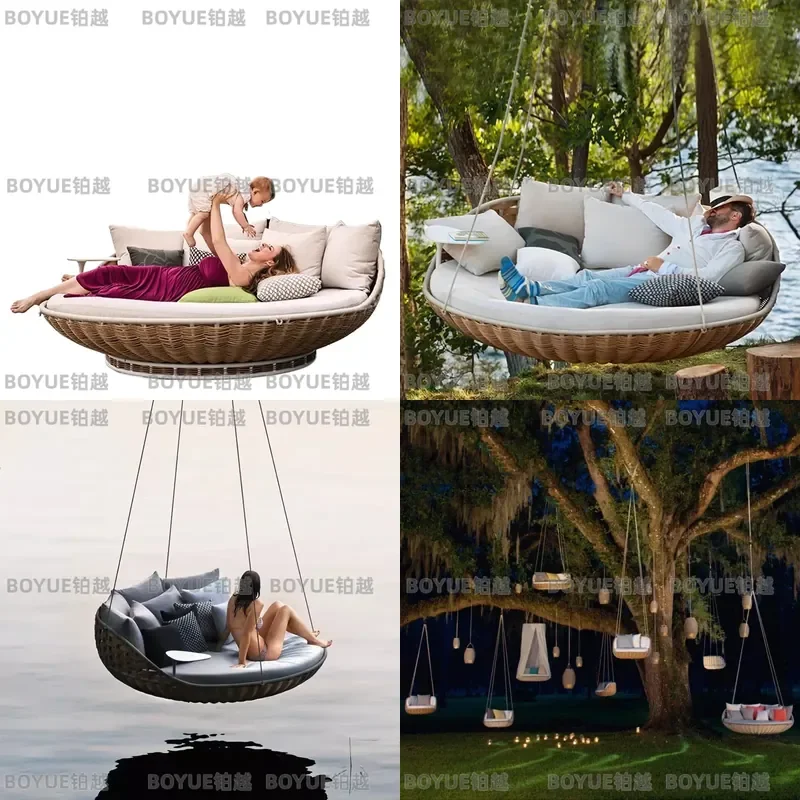 Outdoor Rattan Hanging Hammock Chair Double Swing Bed for Garden Balcony Patio Round Cradle Sofa Home Decor Furniture