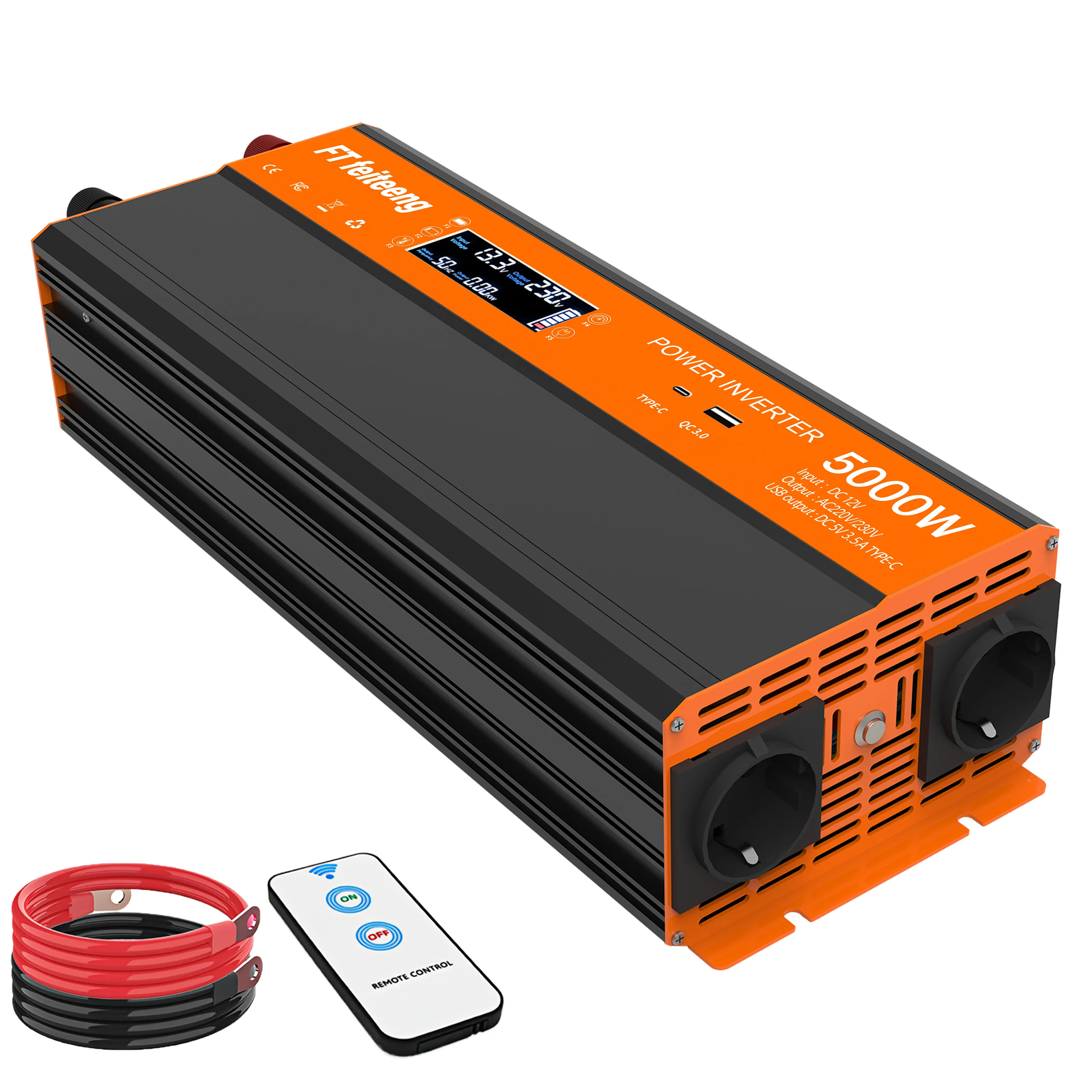 Wechselrichter 4000 W 5000 W 12 V auf 220 V DC auf AC mit EU-Buchsen, LCD-Display, USB-Ladeanschlüssen, für Auto, Wohnmobil und Outdoor