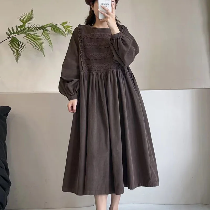2026 New Women's Dress Spring Autumn Korean Style Vintage Art Lace Lace Splicing Corduroy Dress Lantern Sleeve Long Dresses