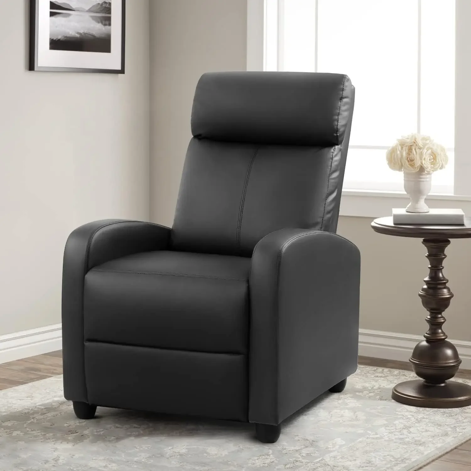 Furniwell Massage Recliner Chair Living Room Adjustable PU Leather Home Theater Seating Modern Winback Single Sofa Black