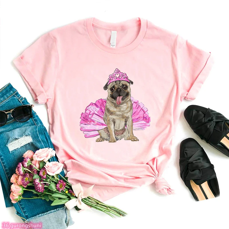 

2024 New Women's t-shirt Cute Shepherd Dog and Pig with Crown Animal Print femme tshirt Fashion Kawaii Women's O-Neck shirt tops