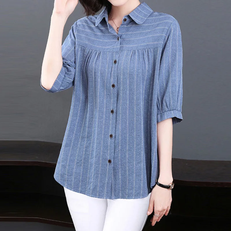 Casual Fashion Elegant Solid Color Striped Printed Button Shirt Summer 2023 New Polo-Neck Half Sleeve Loose Tops Ladies Clothing