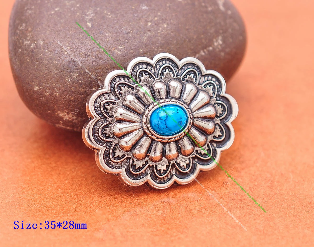 35*28MM Antik Silber Ethnische Indische Blumenkunst Himmelblau Türkis Concho Screwback Für Lederhandwerk Gürteltasche Hut Hardware – Detail 25