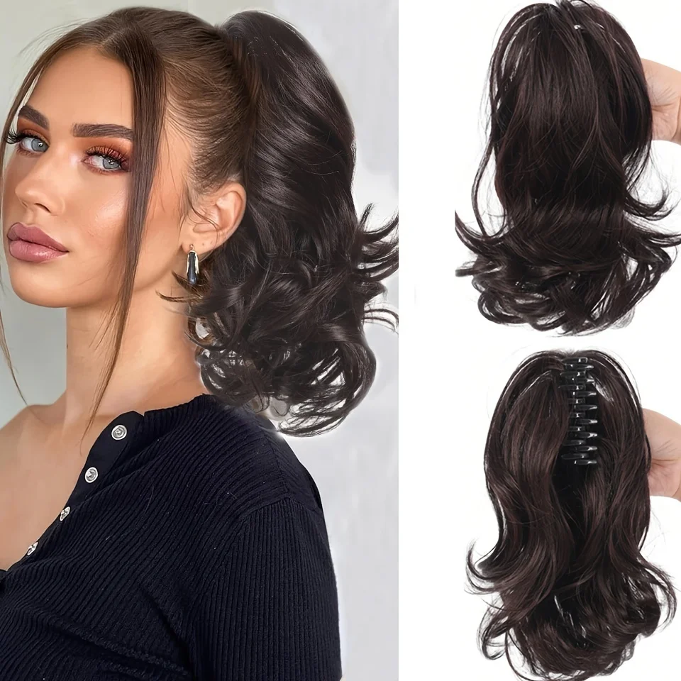 10 Inch Curly Wave Synthetic Hair Claw Clip Short Bob Tail Extensions for Women Long Lasting Fluffy Hairpieces Easy to Style