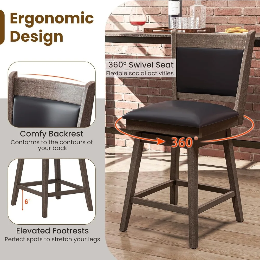 Zestaw 4 tapicerowanych krzeseł barowych obrotowych z ergonomicznym oparciem, podnóżkiem i nogami z drewna kauczukowego, drewno z imitacji skóry