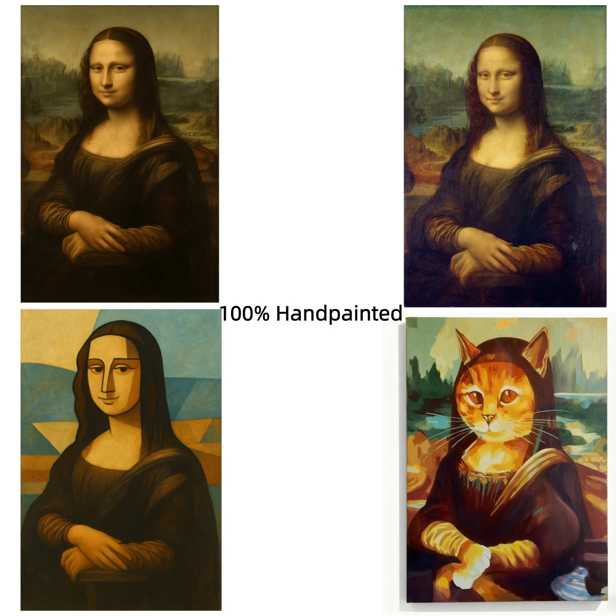 Mona Lisa Oil Painting Hand Painted on Canvas | Modern Abstract Cat Art | Famous Portrait Reproduction Wall Art for Living Room