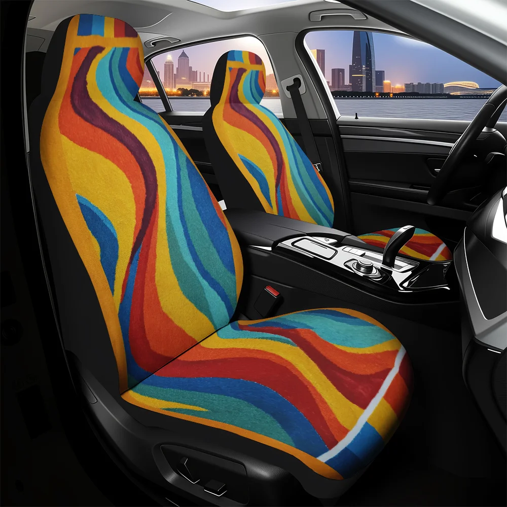 

2pcs, Cute Abstract Colorful Stripes Composition Print Front Seat Covers For Cars, Four Seasons General, Durable And Washable, P