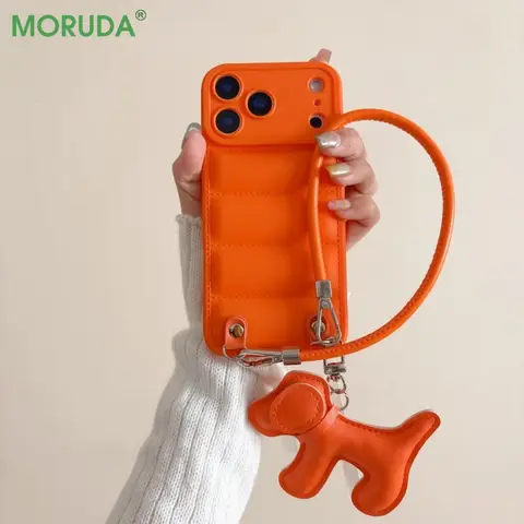 PU-Leder-Cartoon-Hunde-Lanyard-Handyhülle für iPhone 17, 16, 15, 14, 13, 12, Pro Max Plus 17, Air 16e, kreative Daunenjacke, weiche Abdeckung